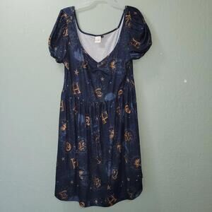 Shein Harry Potter Navy Gold Graphic A-Line Puff Sleeve Knee Dress Plus 1XL